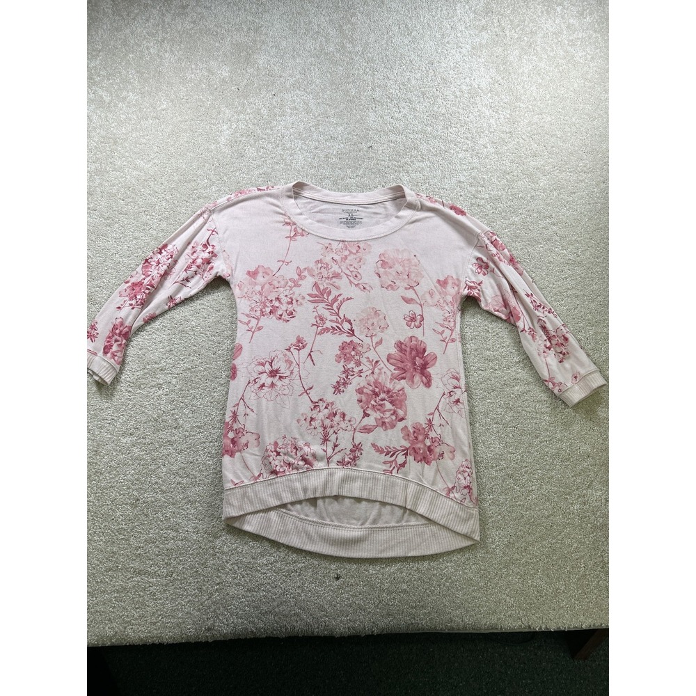 Sonoma Sweater Womens XS Pink White‎ Floral Print 3/4 Sleeve Pullover Casual XS